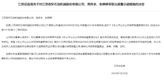 新三板公司政轩股份及其董事长周传本收到江苏证监局警示函，未按时披露2023年报，主办券商为开源证券