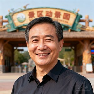 一位身着深色商务衬衫的中年男性景区管理者的正面肖像，背景为景区入口标志性建筑，面容和蔼透着满意微笑