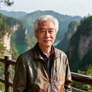 一位头发花白但精神矍铄的文旅投资人的正面半身照，穿着休闲夹克站在户外景区观景台上，背景是青山绿水的自然风光